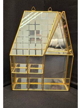 Vintage Brass and Glass House Shaped Mirrored Curio Trinket Display Shelf